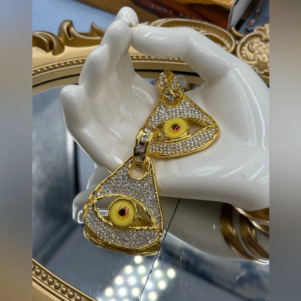 🆕 SCHIAPARELLI for V&A Museum 🧿 Electric Gold Rhinestones Eye Earrings - Picture 13 of 15